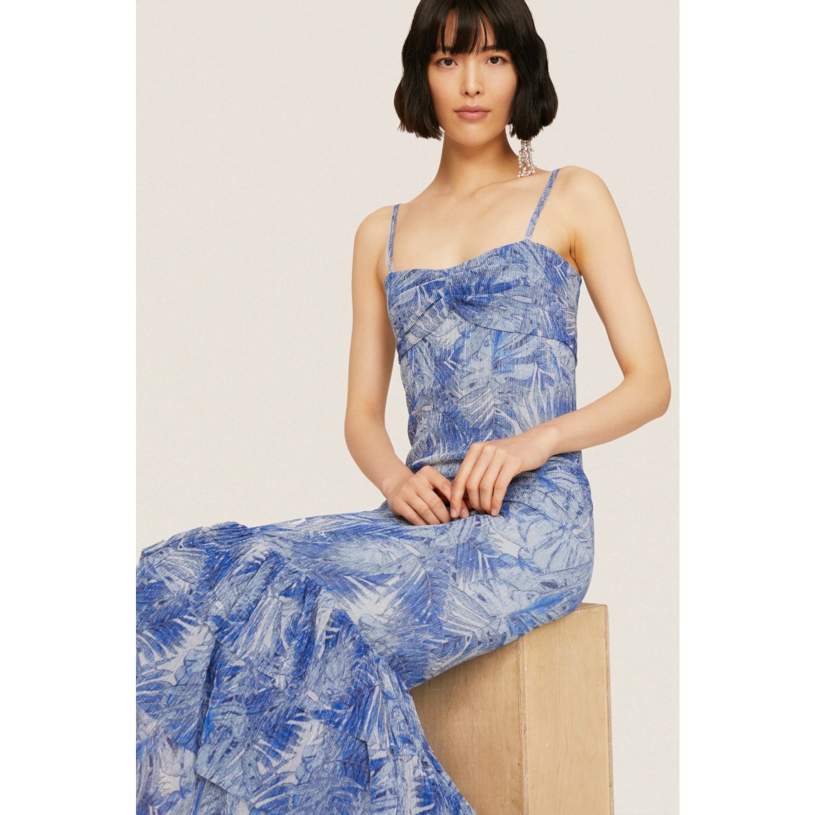 Mia Vesper Frond Mermaid Blue Printed Sleeveless Chiffon Maxi Dress Size Small — image 4 of 8
